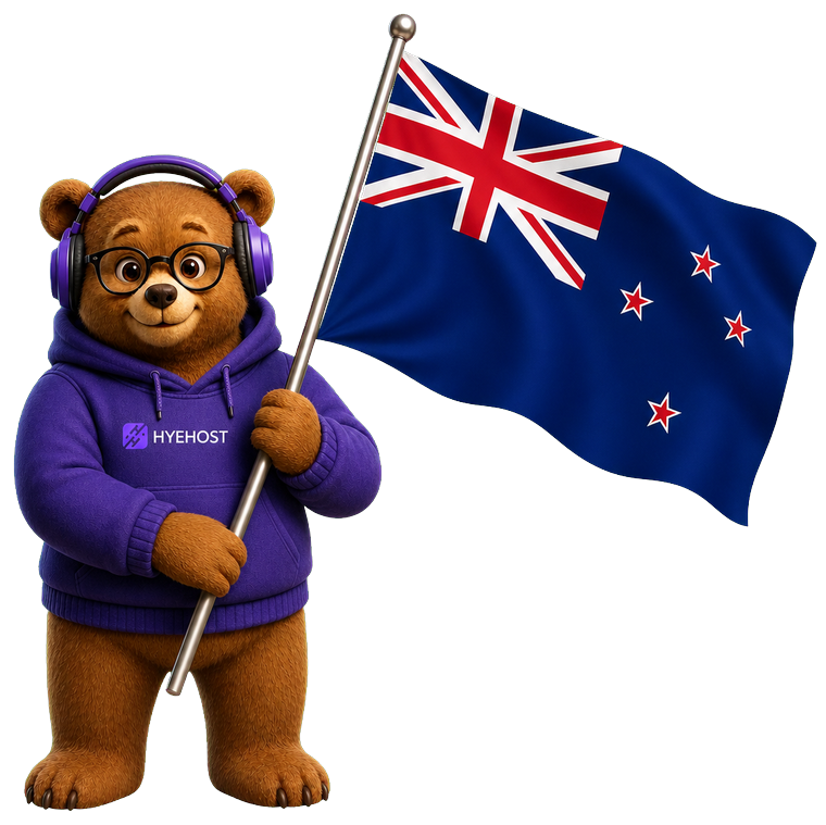 HYEHOST mascot holding the New Zealand flag
