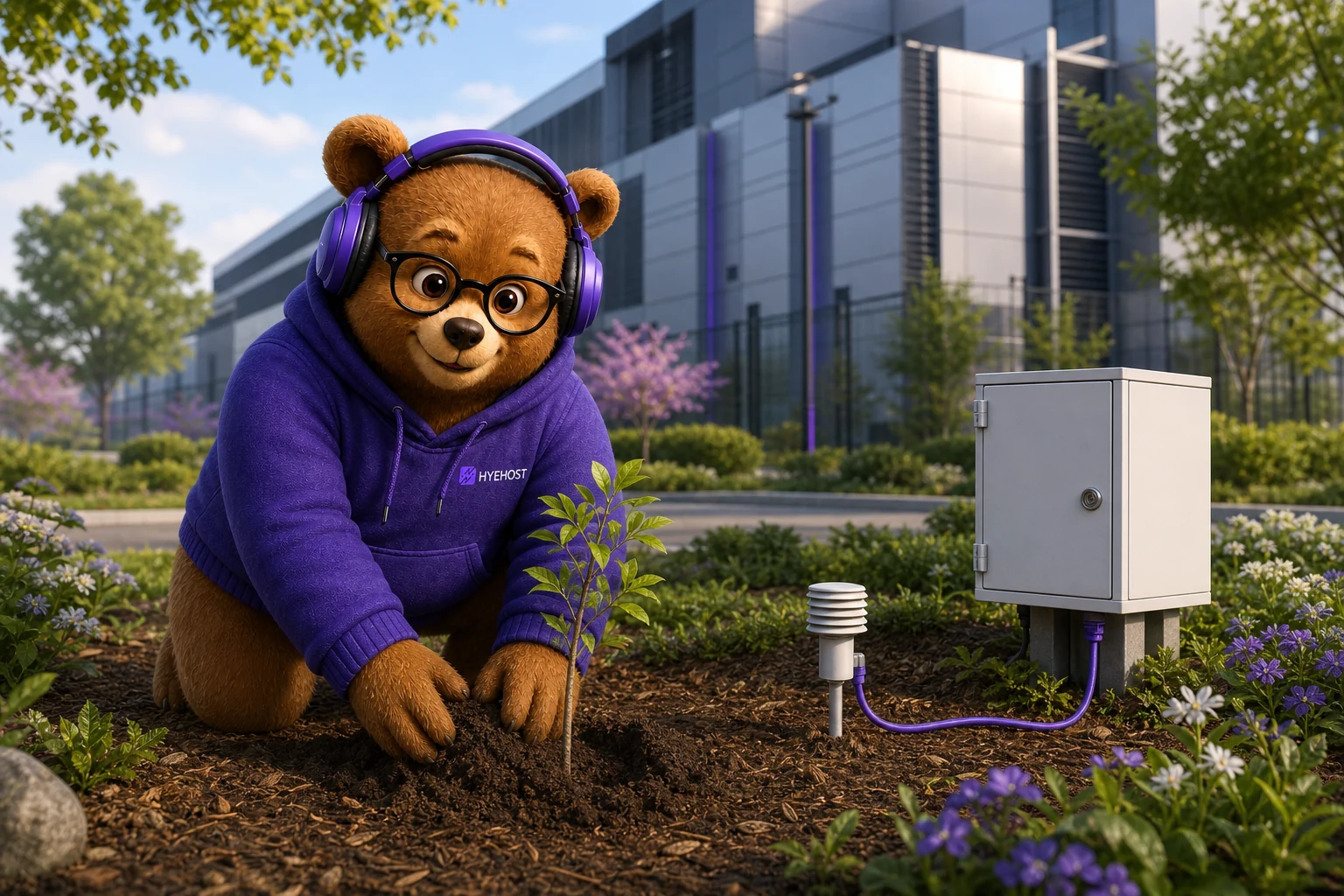 HYEHOST mascot planting a tree beside environmental monitoring equipment