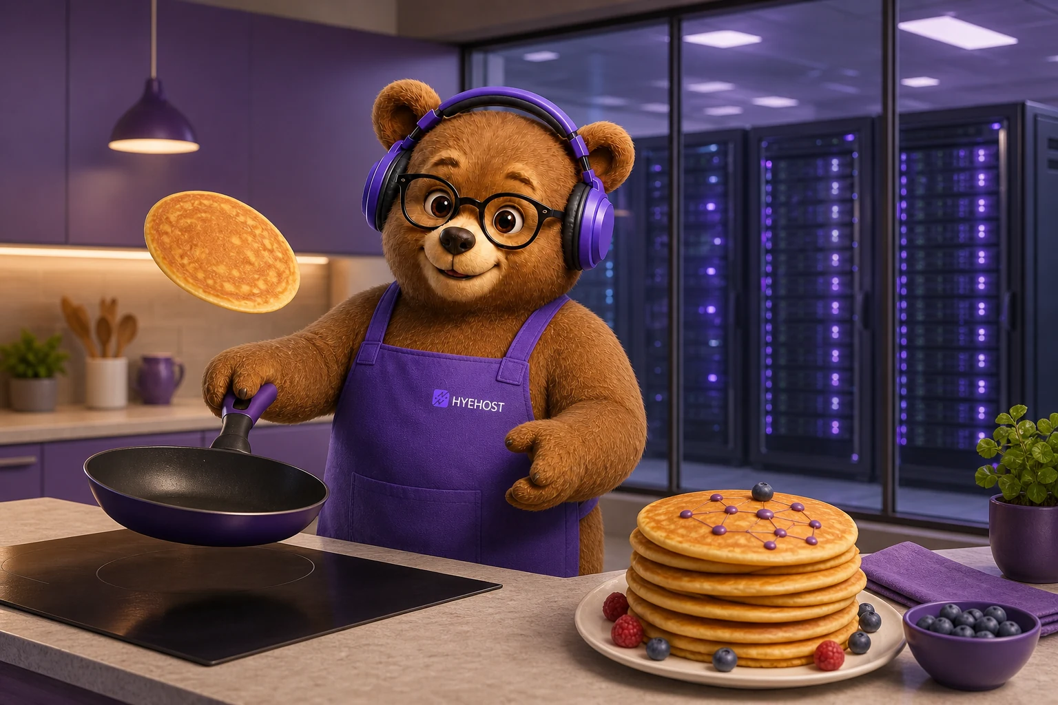 HYEHOST mascot making pancakes safely away from the datacentre