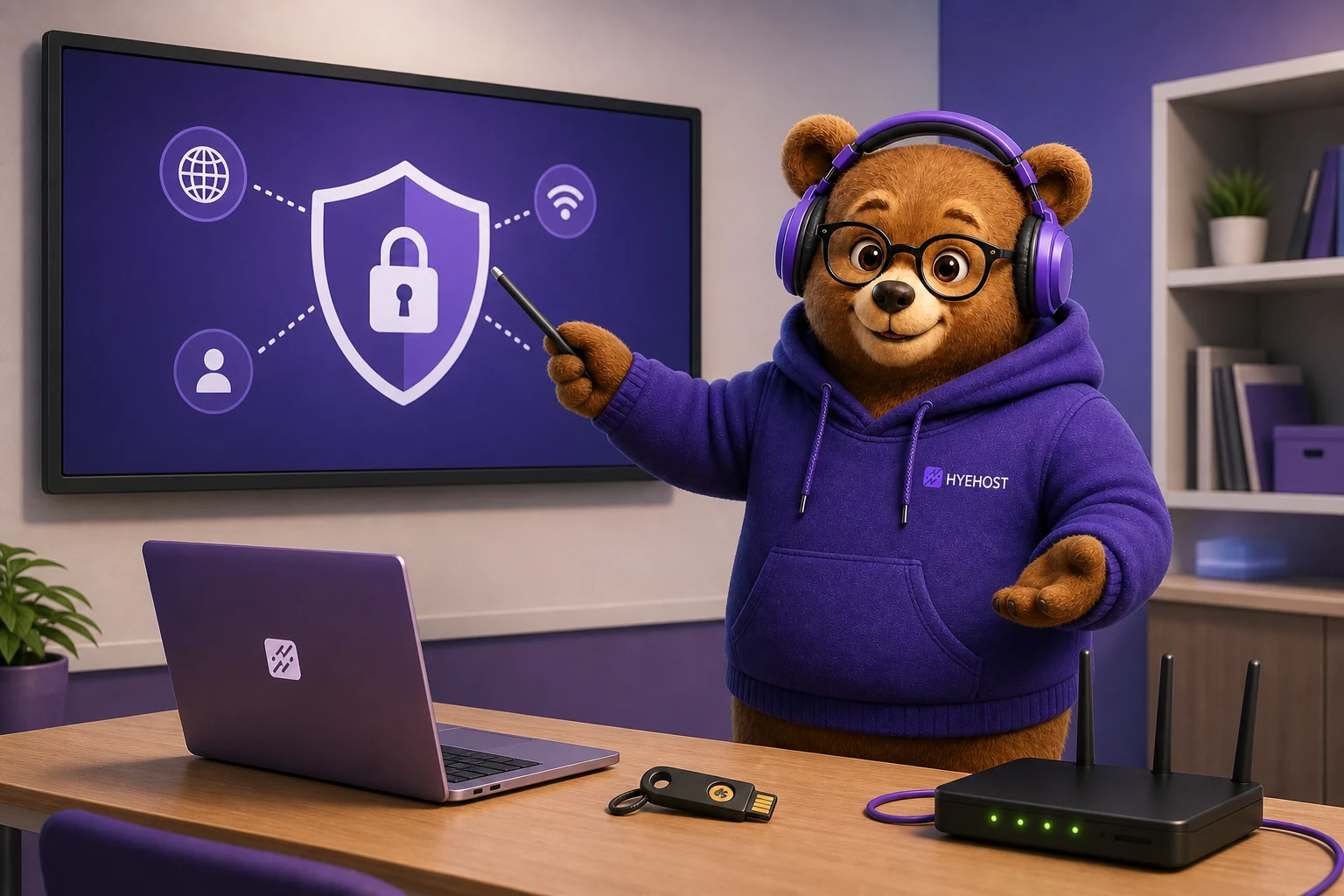 HYEHOST mascot giving an online safety demonstration