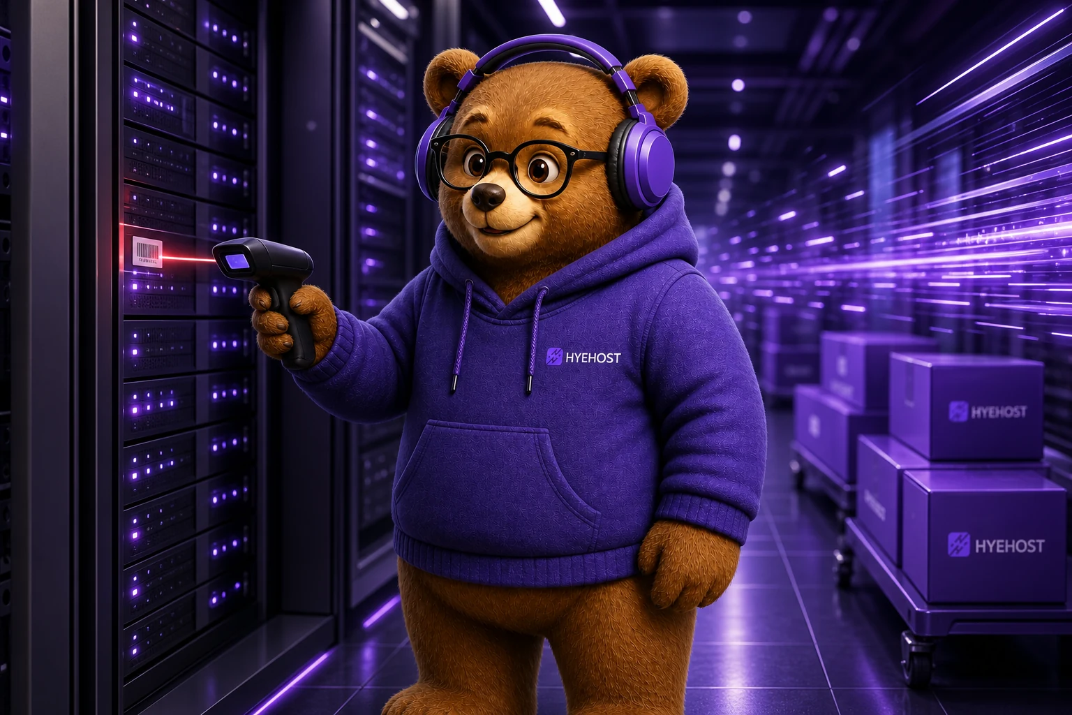 HYEHOST mascot scanning server equipment during a busy offer period