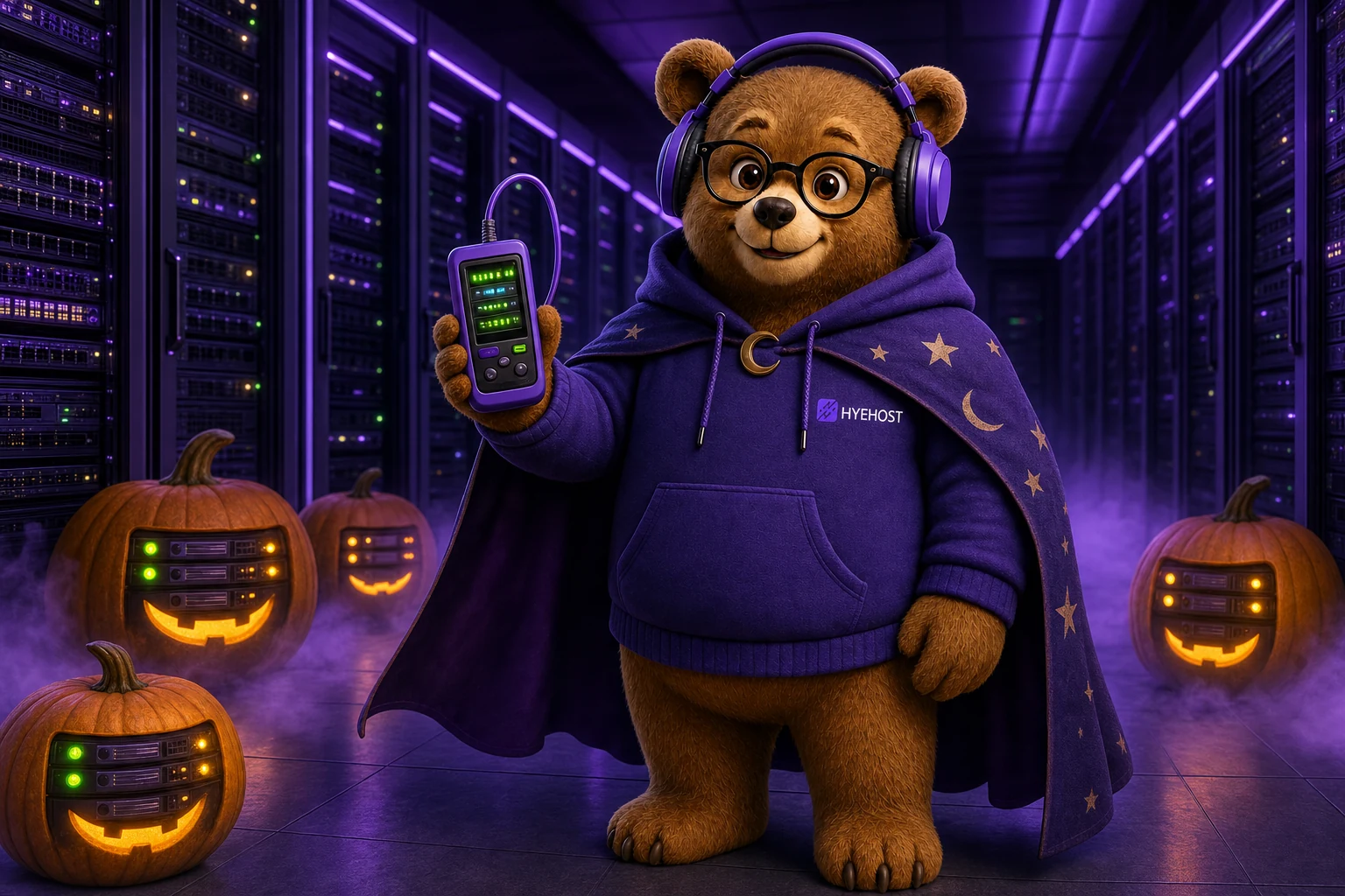 HYEHOST mascot in a playful Halloween datacentre scene