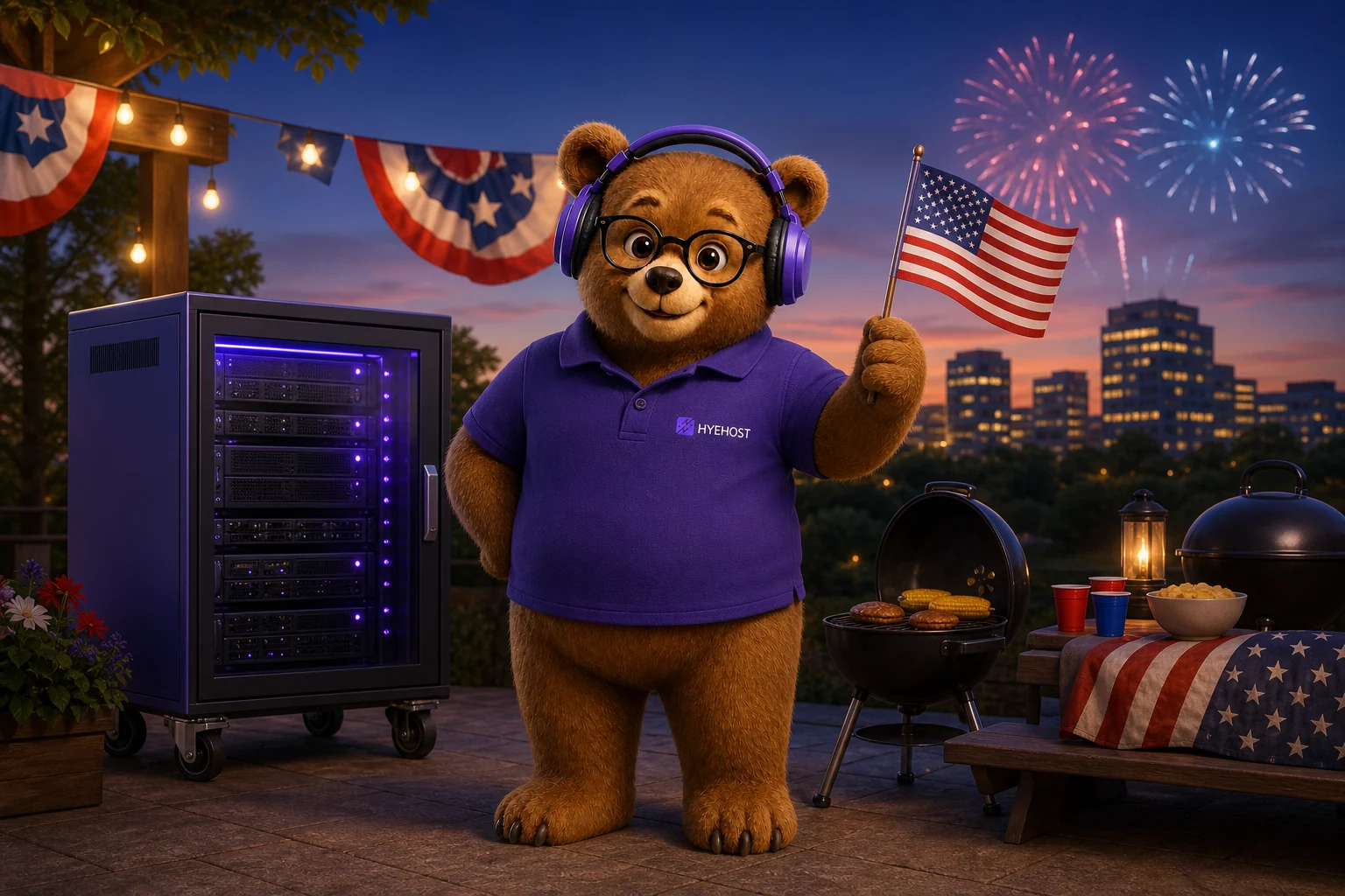 HYEHOST mascot at a Fourth of July cookout beside an edge server