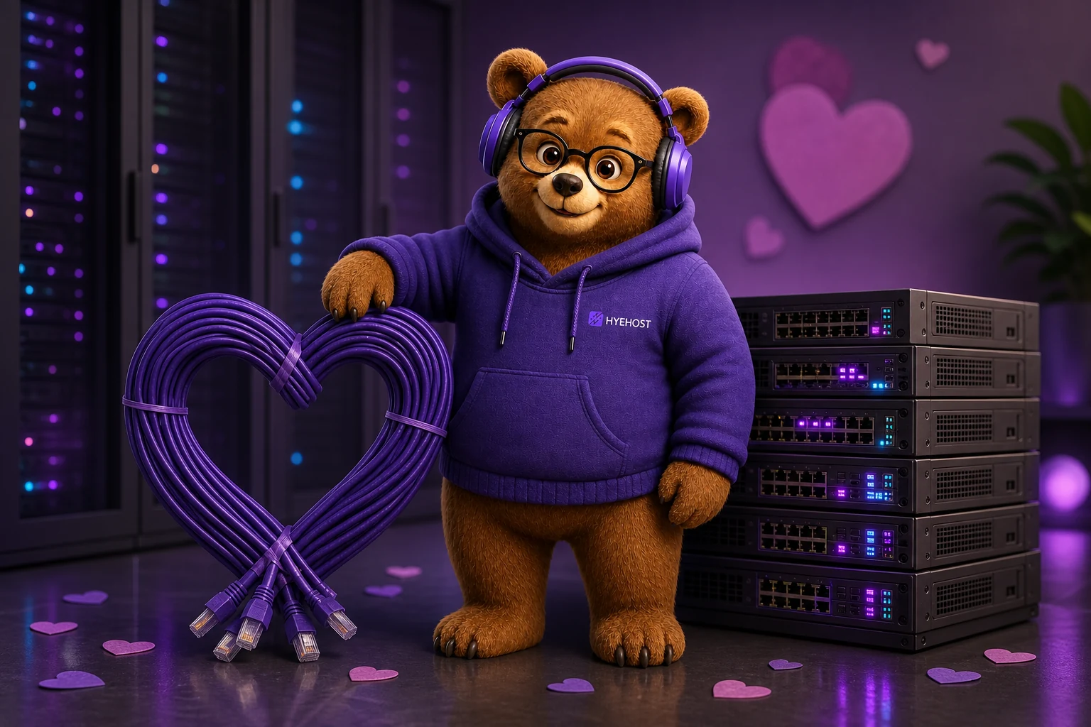 HYEHOST mascot with heart-shaped purple network cables for Valentine's Day