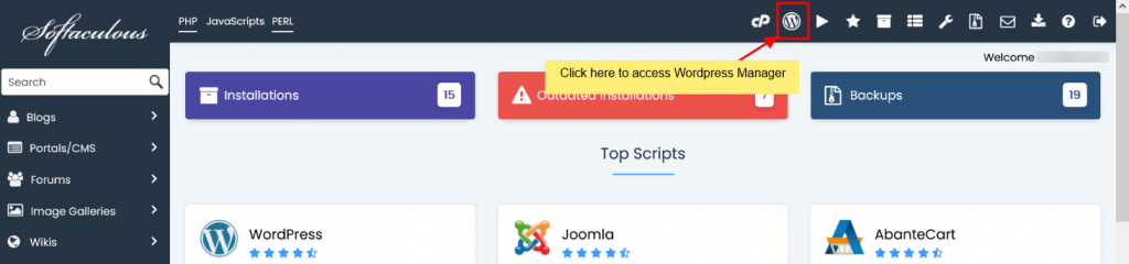 Softaculous WordPress Manager interface